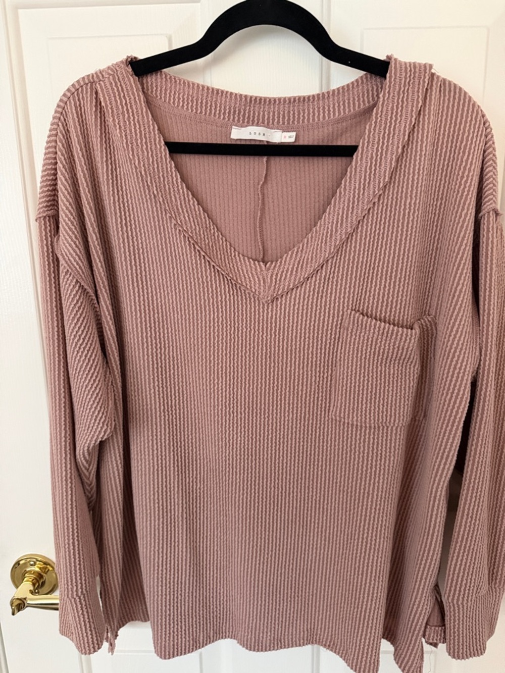 Lush Dusty Rose Ribbed V-Neck Long Sleeve Pocket Top